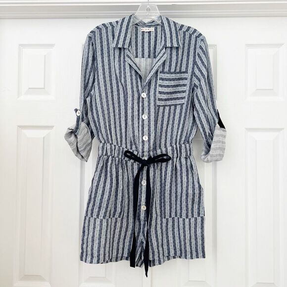 Roberta Roller Rabbit Pants - Roberta Roller Rabbit Womens Light Blue Striped Presley Romper Linen Size Small